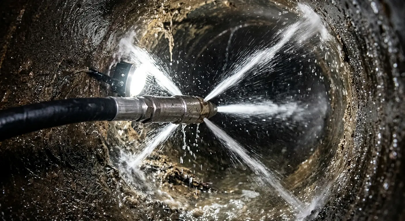 High-pressure hydro jetting nozzle cleaning sewer pipe for Emergency Drain Service in Shelby