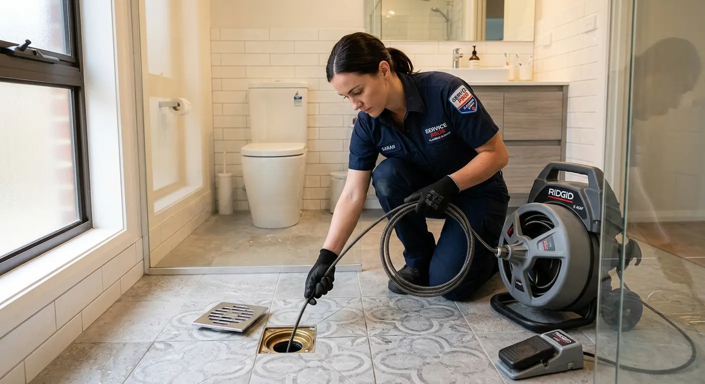 Technician clearing a bathroom floor drain for Drain Cleaning in Shelby